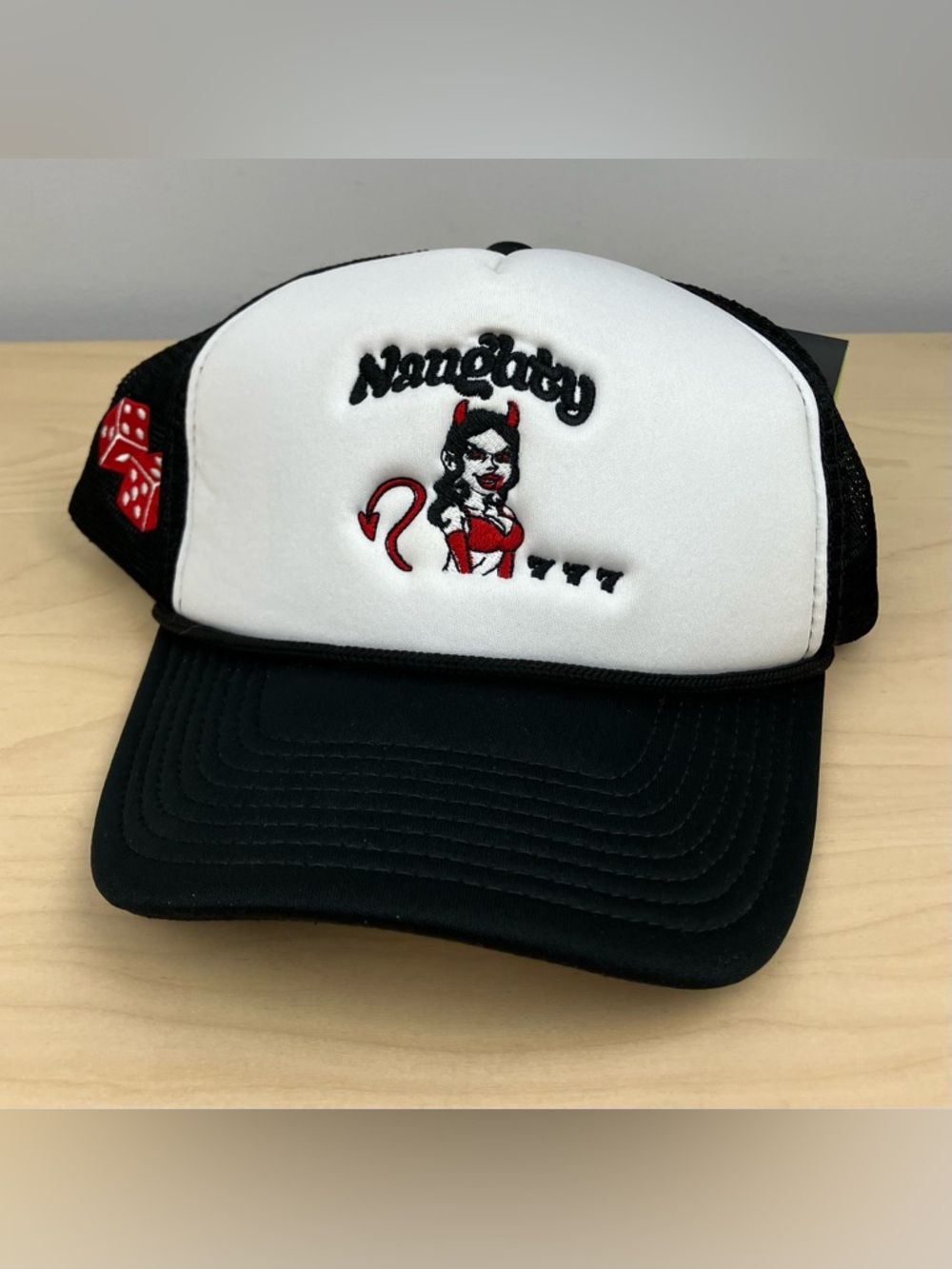 Naughty Devil Girl Mesh Snapback Trucker Hat Dice Black & White Decky NWT